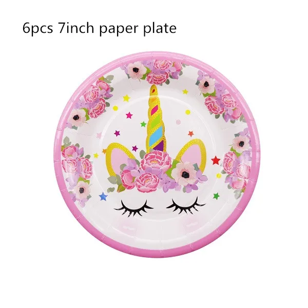 7inch Paper plate Вечерние ободки с единорогом для девочек, ободок для волос с русалочкой, лента с единорогом, бант для волос, аксессуары для дня рождения, Детские вечерние украшения - Цвет: 7inch Paper plate