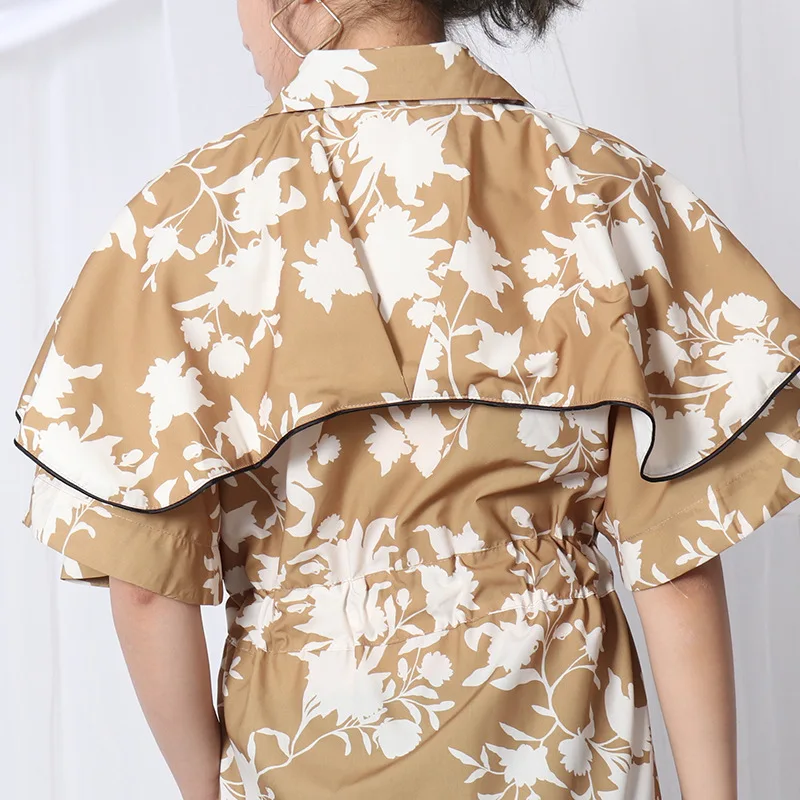 

Summer Elegant Butterfly Sleeve Party Dresses Women V-Neck Lace-up Ruffles Flower Print Khaki Holiday Midi Dress
