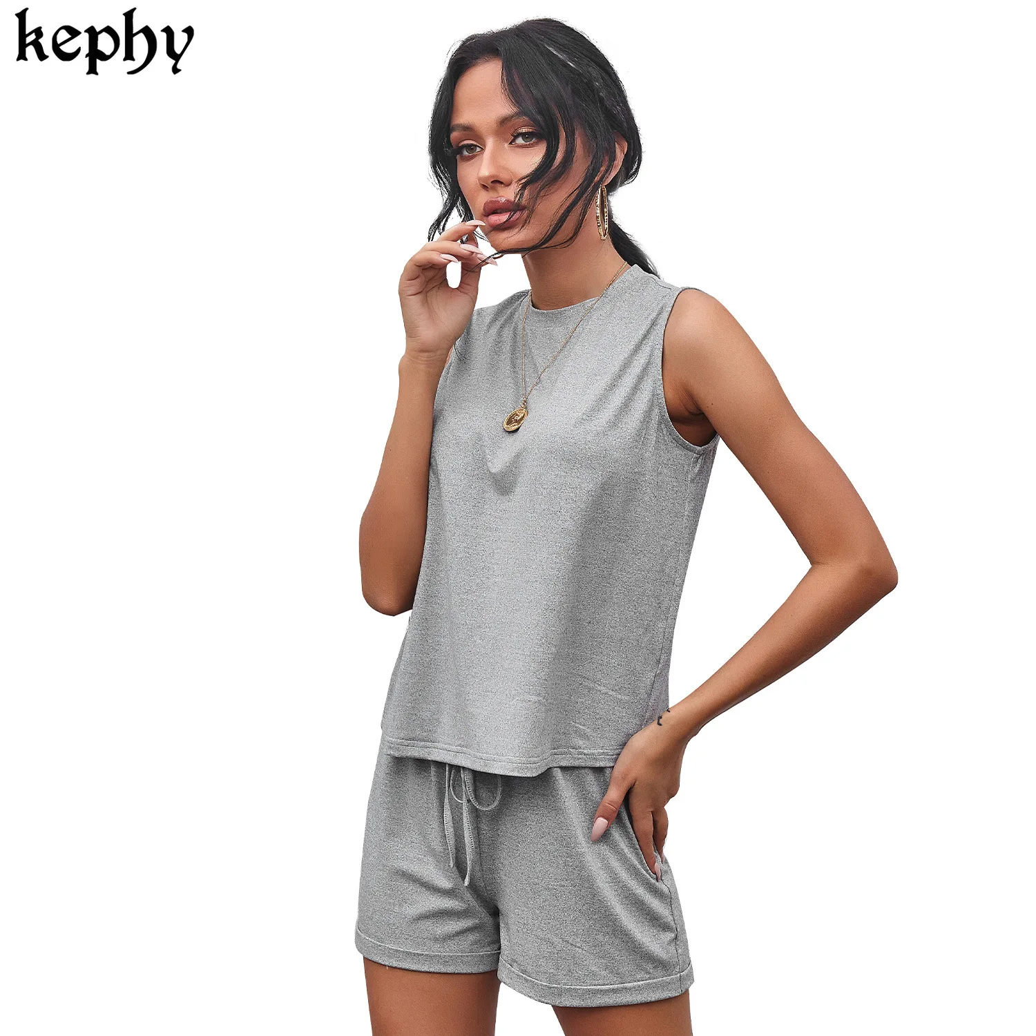 

2021 Summer New Solid Color Vest Ladies Shorts 2PCS Set Sleeveless T shirt with Short Pants for Women Casual tracksuit women