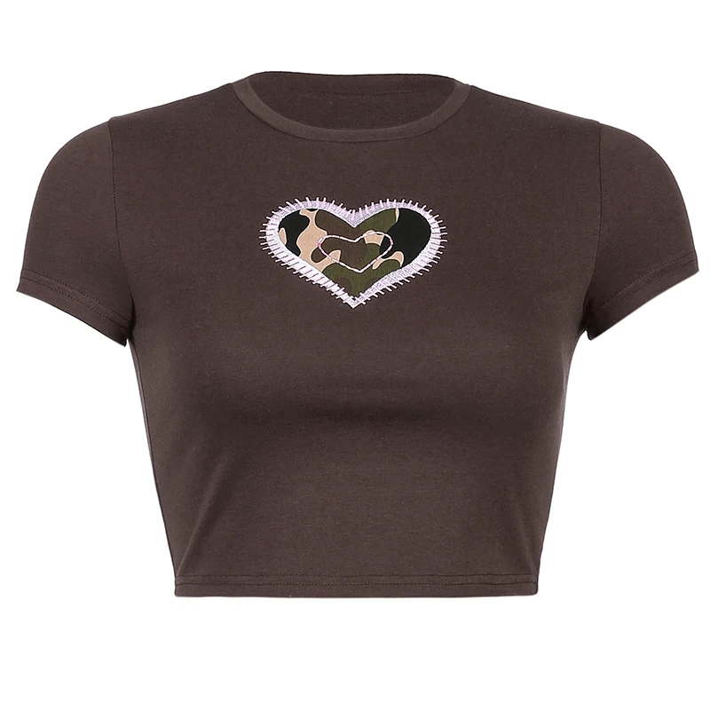 

Rockmore Heart Embroidery Skinny T Shirts Women Crop Top Brown Short Sleeve Summer Harajuku Basic T-Shirts Casual Y2K Cute Tee