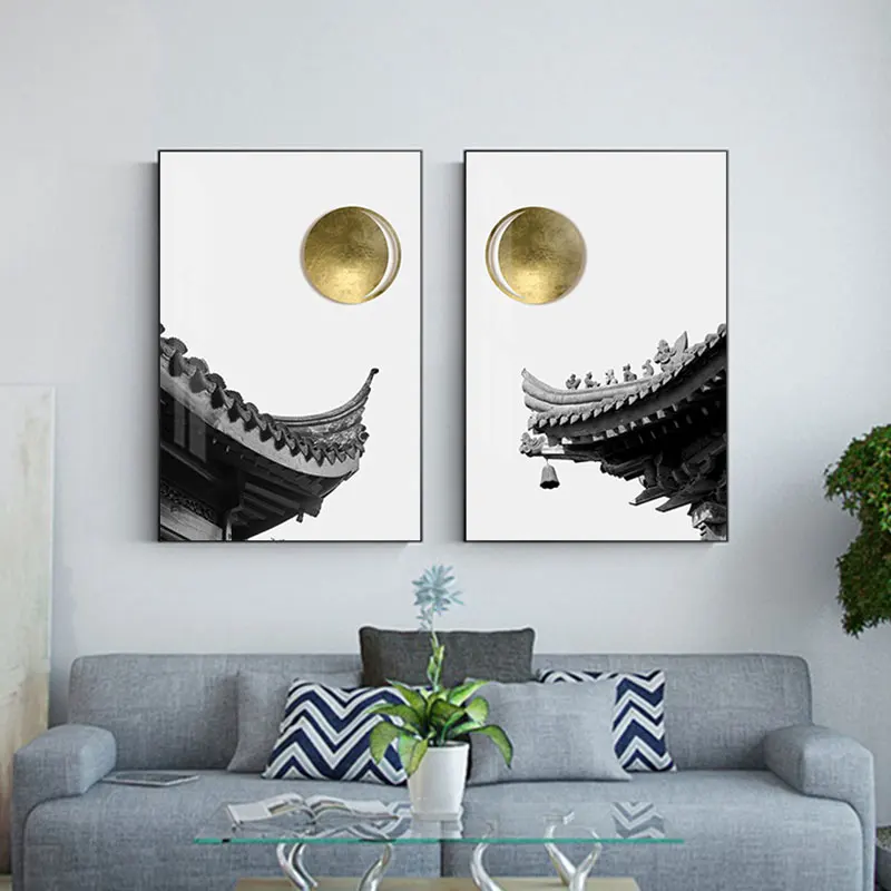 Картина на холсте с изображением золотого храма солнца в скандинавском стиле для