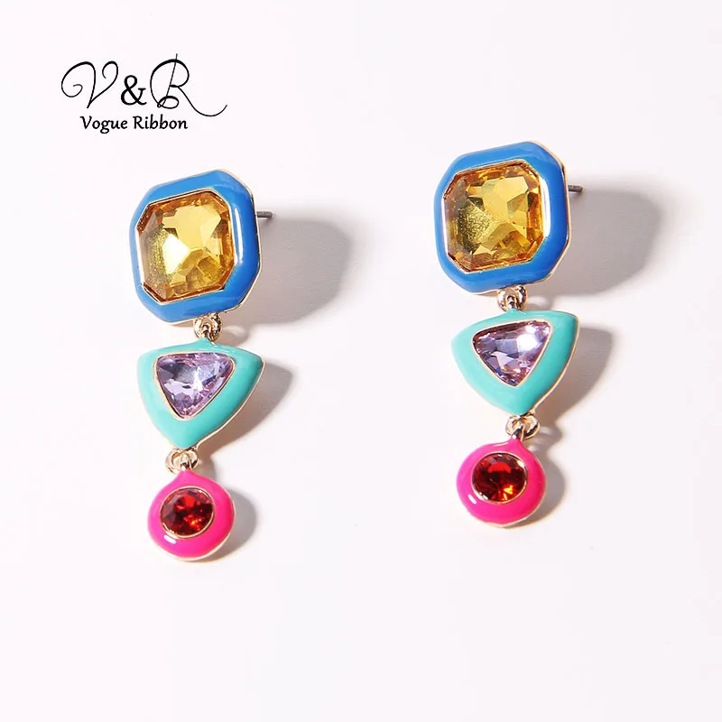 Серьги подвески геометрической формы с ярким камнем и эмалью новые богемные