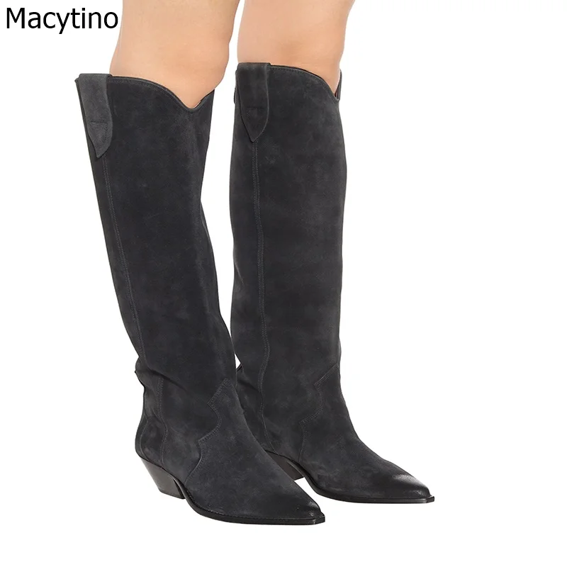 Сапоги женские замшевые до колена заостренный носок каблук-шпилька однотонные