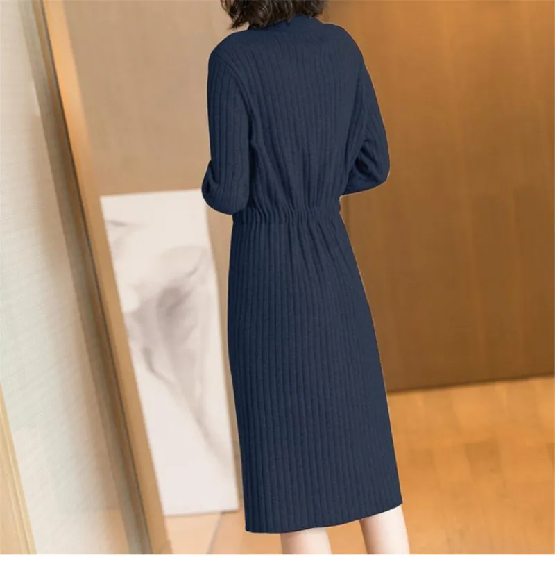 

2021 Autumn Winter New Doll Collar Sweater Dress Women Mid-length Waistband Dress Female Korean Basic A-LINE Knitted Dress