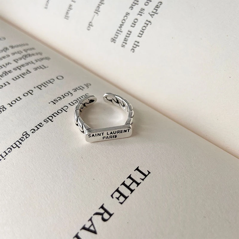 

English Letter Ring Retro Twist Plate Chain Metal Letter Open Square Rings Punk Vintage Finger Women Men Party Jewelry Gifts