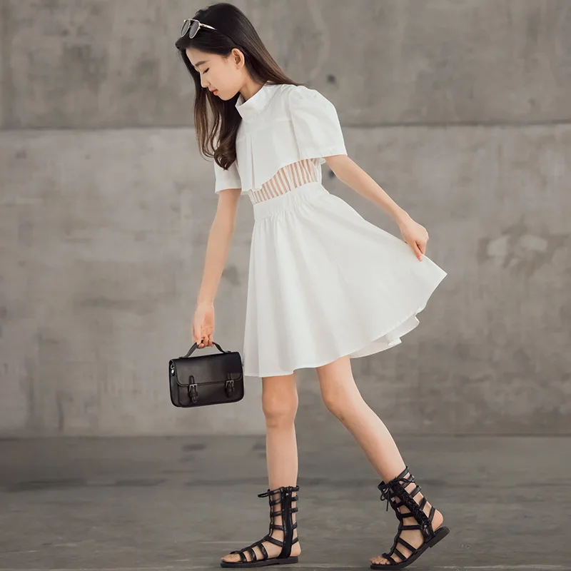 

Girls Elegant Dress Puff Sleeve Black & White Teen Cotton Dress Kids Clothes New 2021 Children Summer Dress Fashion Party,#6210