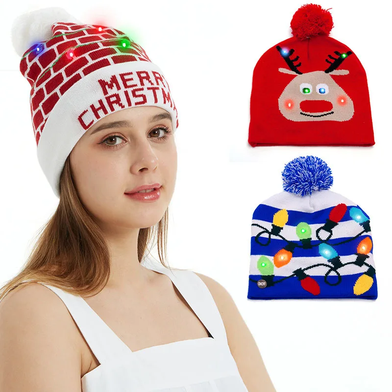 

Christmas Hat 2021 New Warm Knitted Custom European and American Printed Autumn and Winter Thickened Dome Color LED Lamp Hat