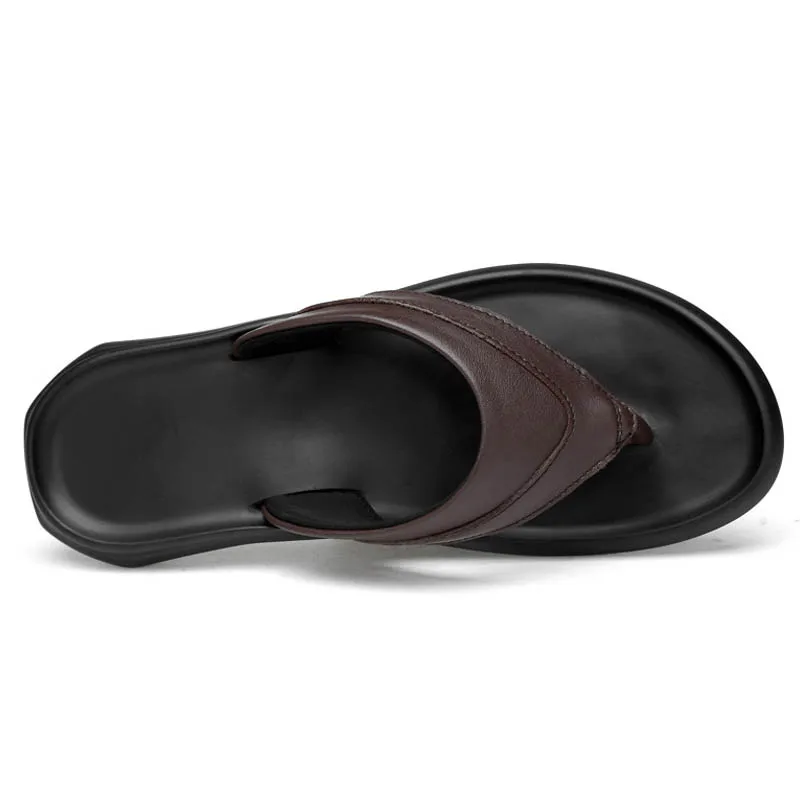 New Cowhide Slippers Men Flip Flips Genuine Leather Beach Summer Shoes High Quality Men's Male Black Brown ZHK216 | Обувь