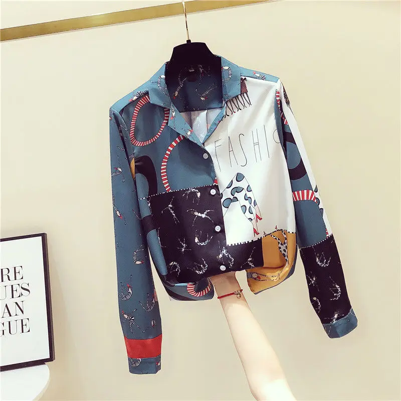 

Women 's Shirt 2021 Spring and Autumn Korean Style Suit Collar Contrast Color Retro Printed Long-Sleeved Top