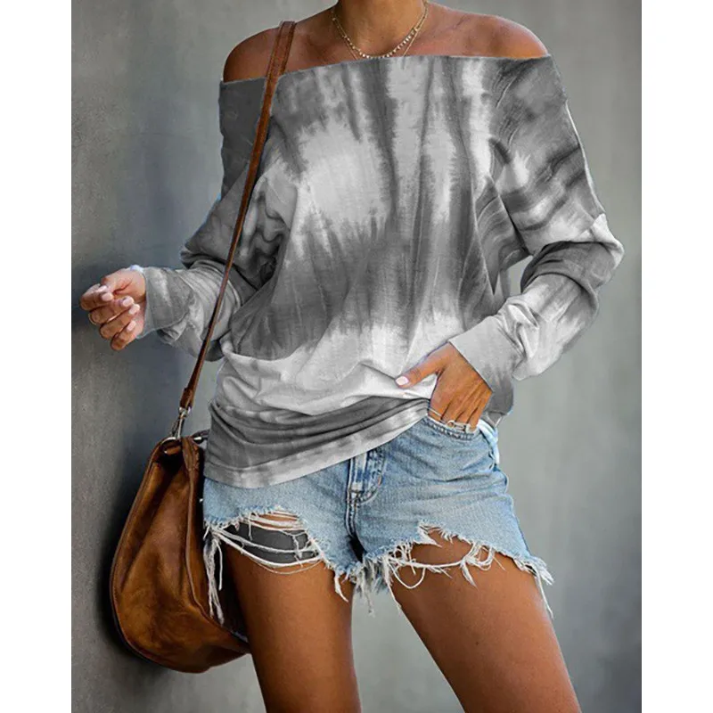 

Slash Neck Women T-shirts 2020 Autumn Casual Off Shoulder Print Off Shoulder Tops Plus Size