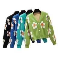 womens korean style floral printing v neck knitted cardigans female casual oversized all match sweater one size
