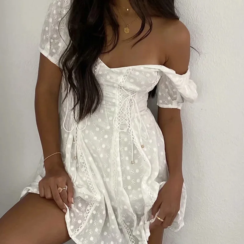 

2021 Summer New Halter Lace Embroidery Dress Female White Lace-up Hollow Beach Skirt Dress