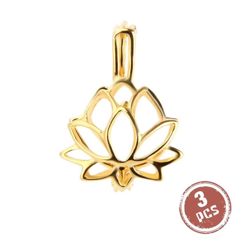 Gold CLUCI 3 шт. 925 пробы Серебряный кулон цветок лотоса жемчужный медальон Серебро 925 Подвески с цветком лотоса кулон для женщин ювелирные изделия - Цвет камня: Gold