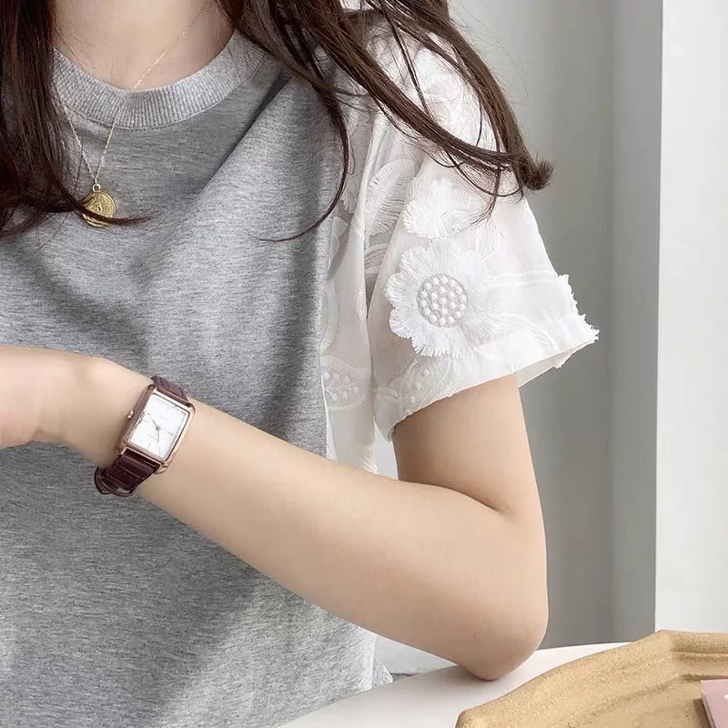 

Женская хлопковая футболка с коротким рукавом, повседневная Винтажная Футболка составного кроя с вышивкой в Корейском стиле, лето 2021