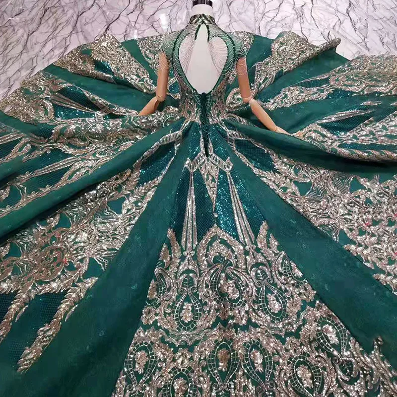 LS11093 luxury green evening dresses ladies high neck cap sleeves crystal party dress with golden lace dubai style real photos