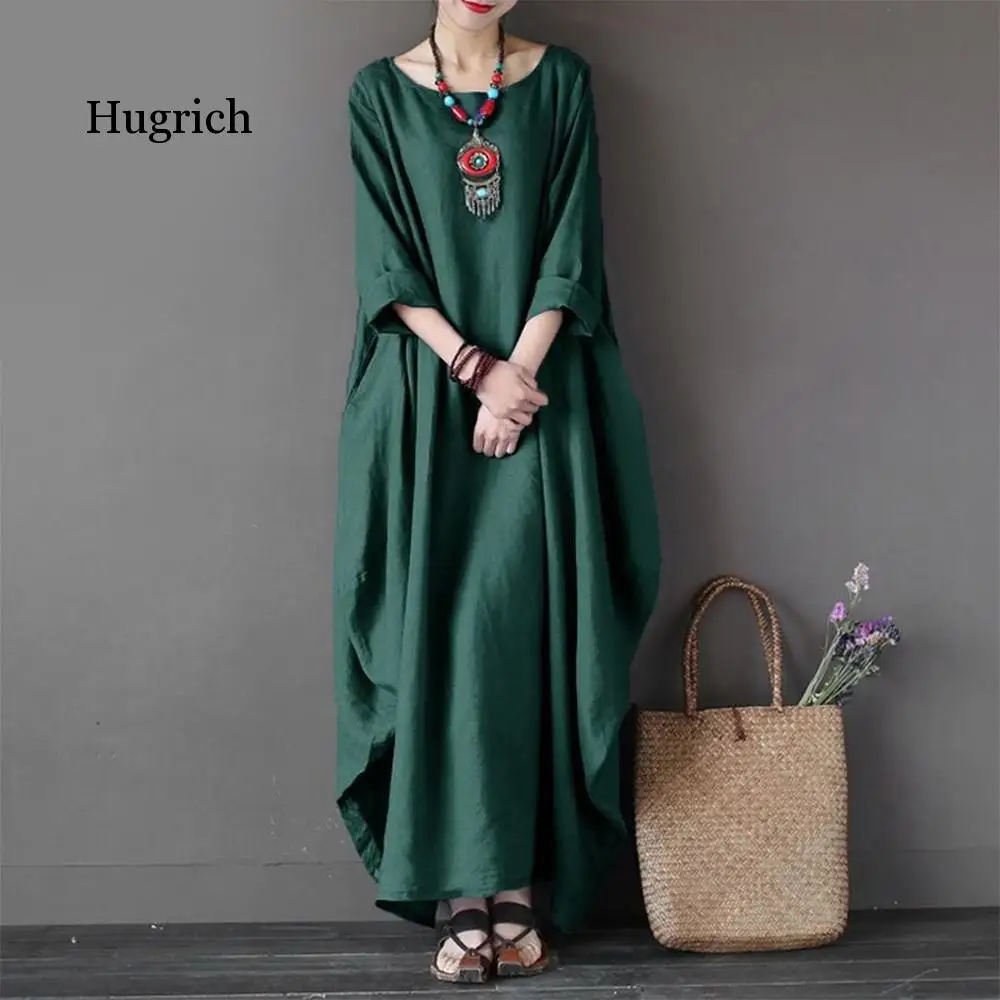

Womens Maxi Dress Summer O Neck Long Sleeve Spring Cotton Linen Gown Robe Dresses Plus Size Large Size Dresses