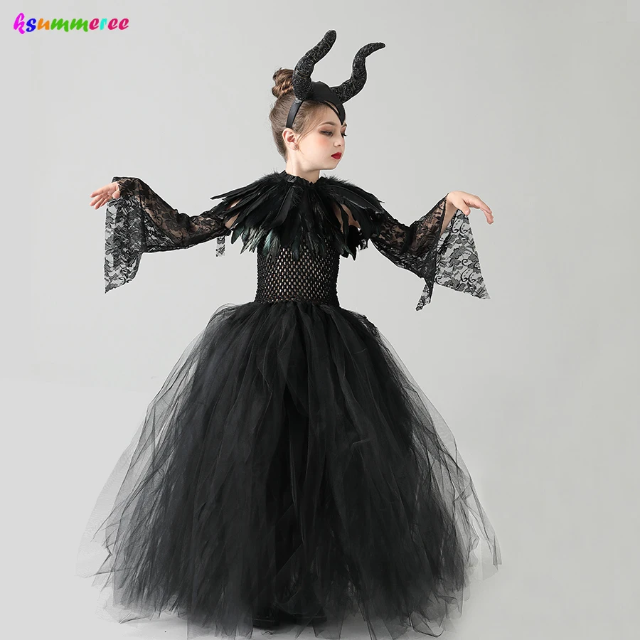 Girls Halloween Evil Witch Black Gown Tutu Dress with Feather Shawl Victorian Kids Dark Queen Villain Cosplay Fancy Costume