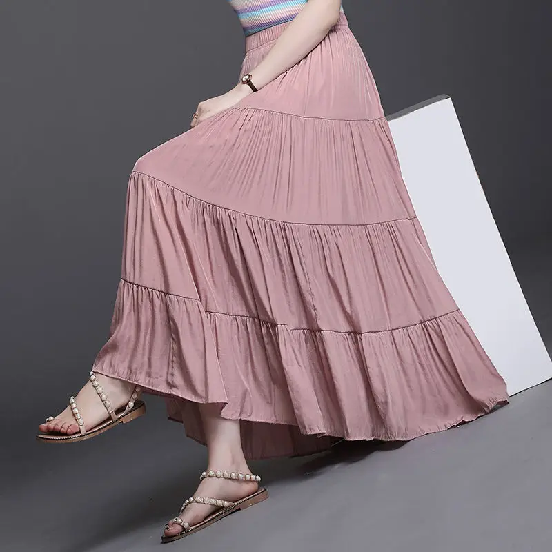 

2021 New Women Vintage High Waist Elastic Casual Soft Skirts Pure Color Indie Folk Slim Long Cake Pleated Skirt for Student Z240