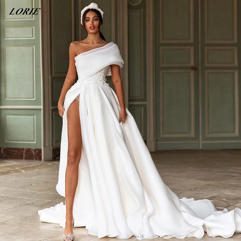 

LORIE One Shoulder Sexy Wedding Dresses Side Slit Lace Pleat Sleeveless A-Line Bohemia Bridal Gowns Custom vestidos de novia