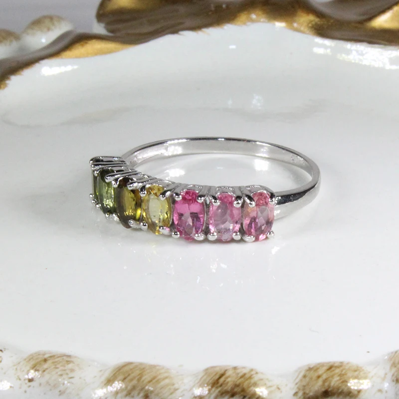 Модное Радужное кольцо 7 видов цветов натуральный турмалин серебряное из серебра