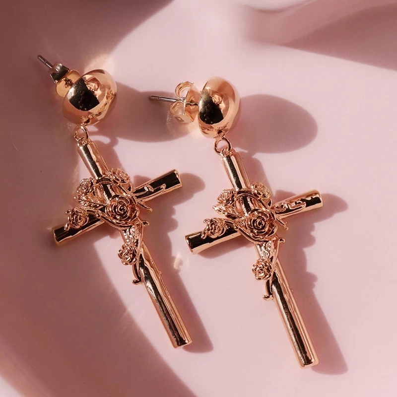

JK Fashion Rose Gold Color Cross Rose Wrapped Women Drop Earring Wedding Engage Party Earring Personality Pendent Earrings