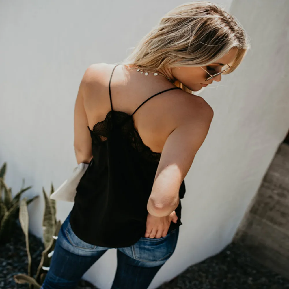 Блузка женская летняя шелковая кружевная без рукавов на бретельках сатиновая 2019