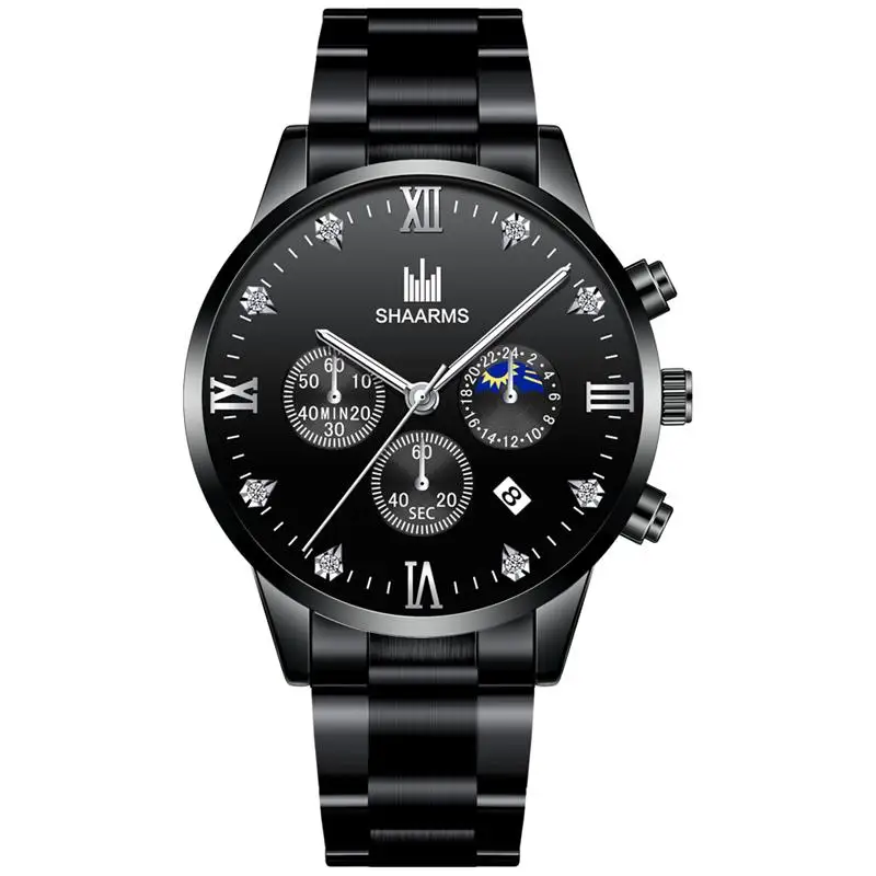 2019 роскошные мужские черные часы со стразами из нержавеющей стали с римским