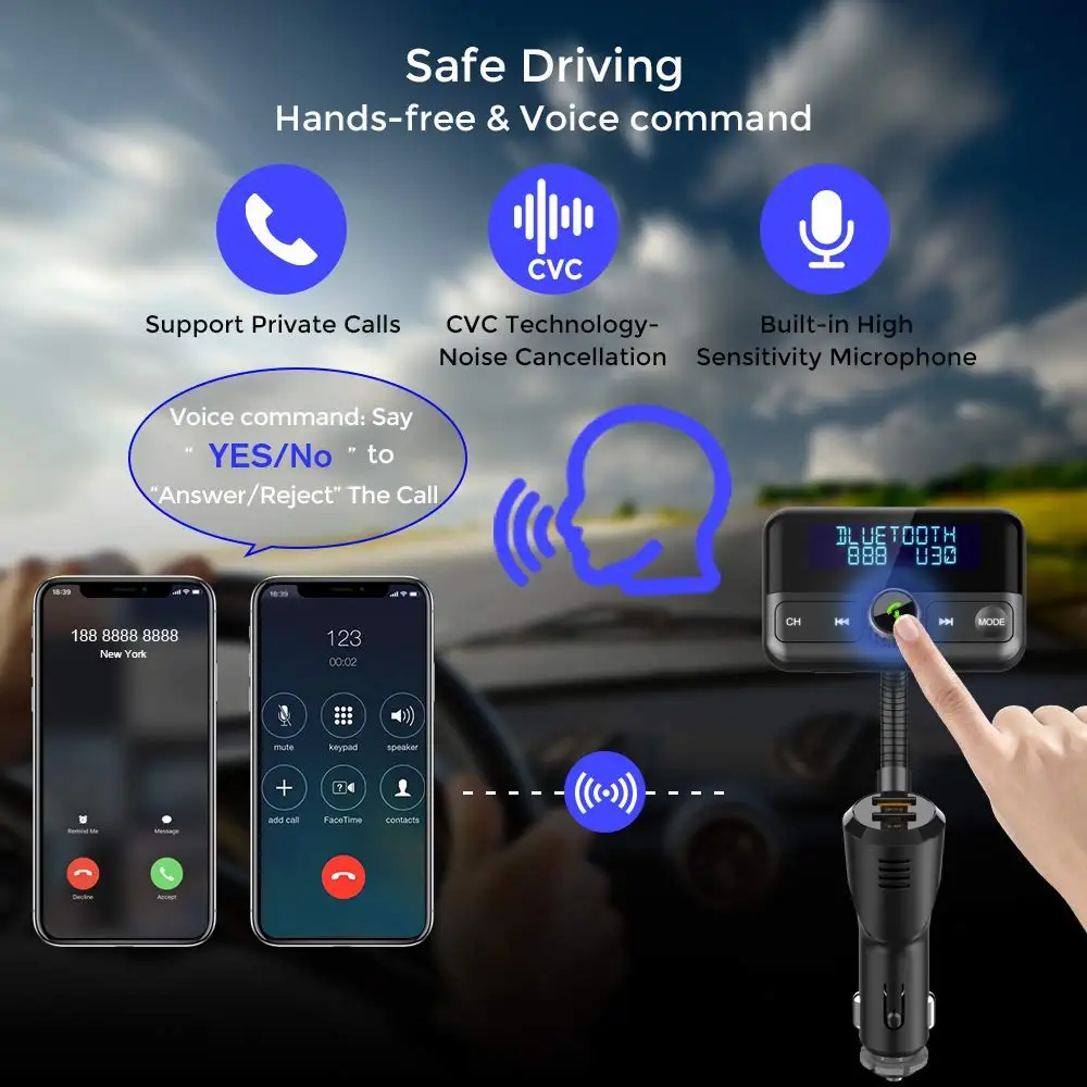 Автомобильный FM модулятор с Bluetooth передатчик MP3 плеер двумя USB портами QC3.0