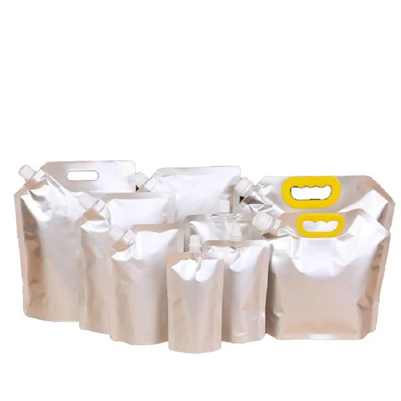 10Pcs/Lot Reusable Durable Food Grade Sealed Spout Bag For Liquid/ Milk/ Drink/ Wine/ Oil Silver Aluminum Foil Packaging Pouch