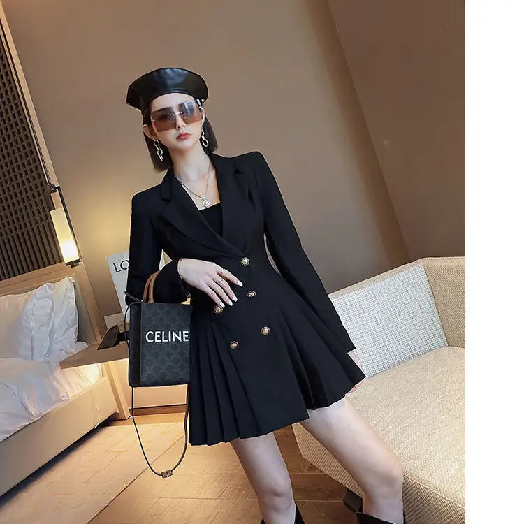 

2021 Vintage Elegant College Style Double Breasted Pleated Business Suit and Dress Women Dresses Vestido De Mujer Femme Robe