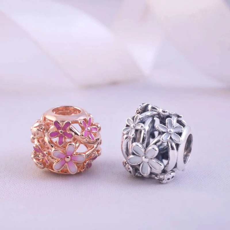 Hot 925 Sterling Silver Pink Rose-golden Sparkling Flower Pavé Leaf Charm Beads fit Original Pandora Bracelets Women Jewelry | Украшения и