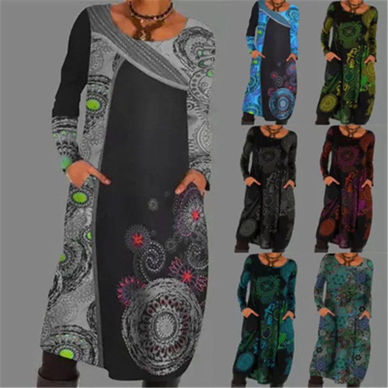 

Vintage Elegant Dresses Boho Print Color Block Dresses Round Neckline Shift Long Sleeve Pocket Dress Vestidos Longos De Verao