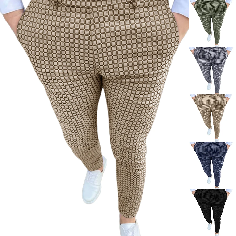 

Checked Printed Pants Plus Size Men Clothing Casual Slim Fit Pockets Long Trousers