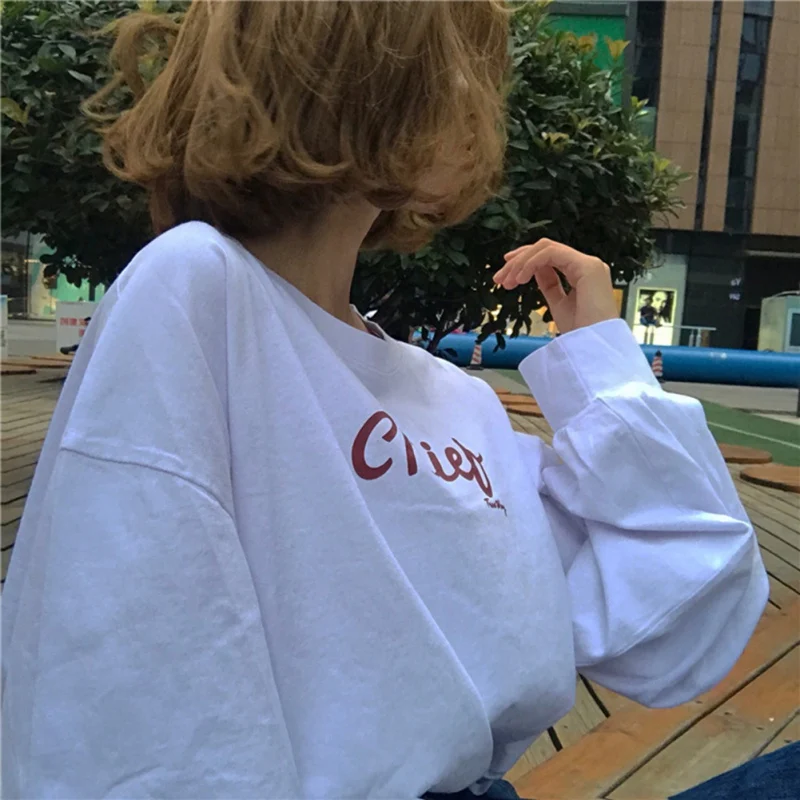 

2019 Simple Women White T-Shirt Fashion Letter Print Loose Tops Slim Female O-Neck Long Sleeve Tees