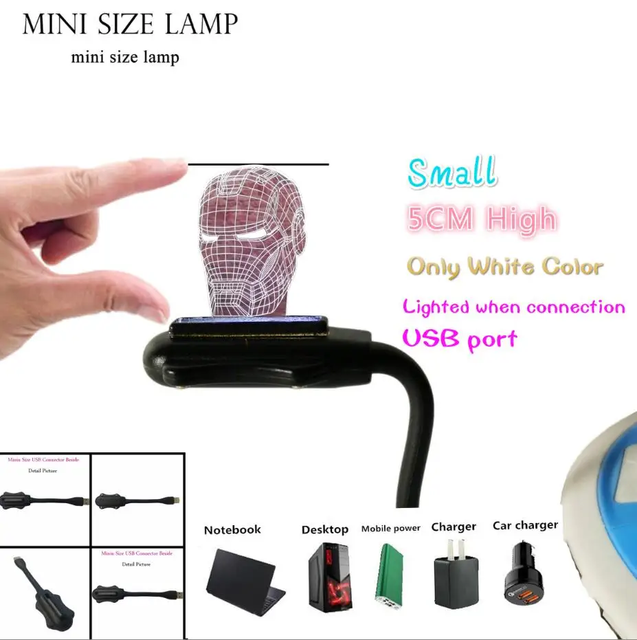 Small USB Lamp 50mm Marvel& DC Legends, 3D фигурка Бэтмена, Супермена, Железного человека, Человека-паука, экшн-героя, 7 цветов, меняющиеся вентиляторы для мальчиков, подарки на день рождения, Рождество - Испускаемый цвет: Small USB Lamp 50mm