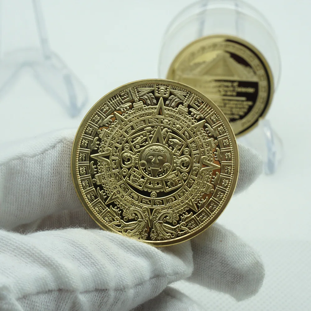 20pcs/lot Mayan civilization Gold Plated Coins Azite Calendar Collected Round 40*3mm Salable Retro