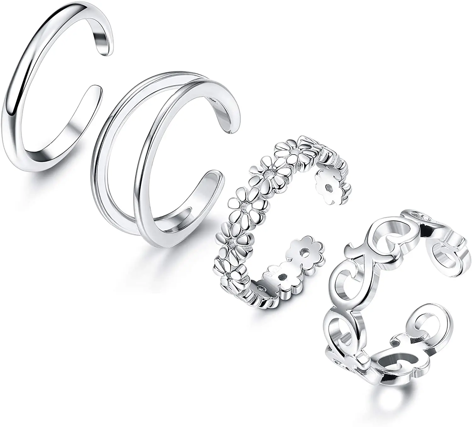 

4 Pcs Toe Rings for Women Adjustable Stainless Steel Band Rings Jewelry Set Summer Beach Stackable Foot Ring Set Holiday Gift