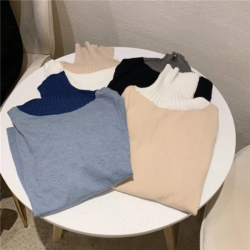 

Sweater Womens Slim Turtleneck Patchwork Ladies All-match Autumn New Stylish Korean Style Chic Tops Knitwear Harajuku Leisure