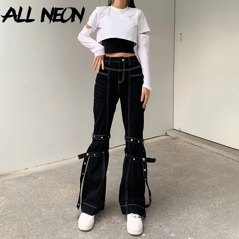 ALLNeon-pantalones acampanados Vintage Y2K, Jeans largos de cintura alta, estilo Punk, a la moda, color negro, 2021