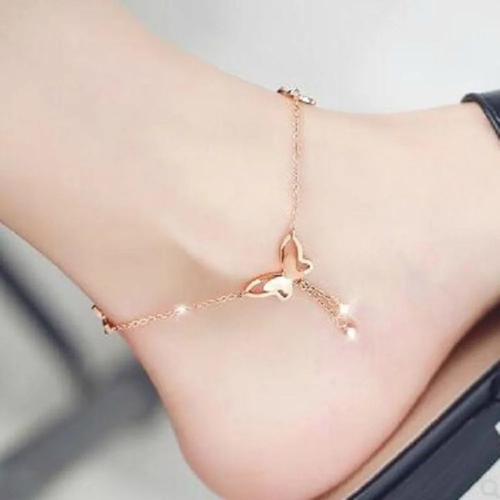Modyle Sweet Simple Butterfly Shape Anklet Bracelet Gold Silver color Chain Beach Foot Sandal for Women Gift