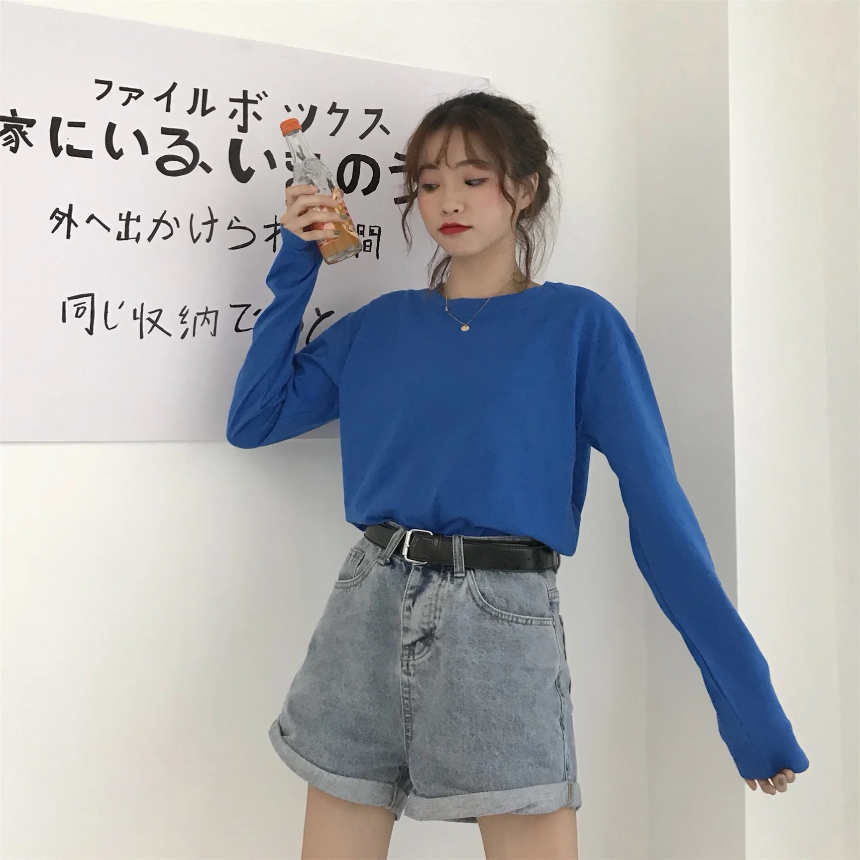 22 Однотонная футболка с длинным рукавом Женская Kpop шикарная свободная хлопковая Футболка с круглым вырезом черная Harajuku Kawaii простая Базовая футболка Femme