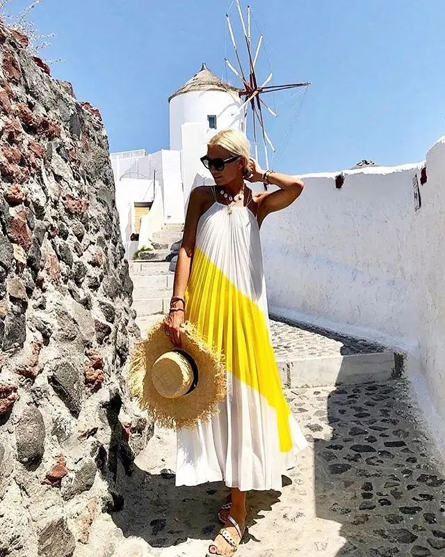 

2021 Ladies Dress Summer New Arrival Casual Brand Color Matching Halterneck Sexy Fashion Beach Style Skirt