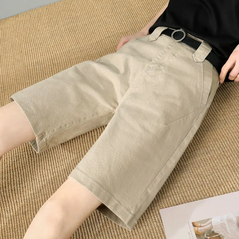 

Shorts Women Summer Sashes Knee-length Khaki Wide-leg Loose Harajuku Korean Casual Womens Office BF Streetwear Fashion Y440
