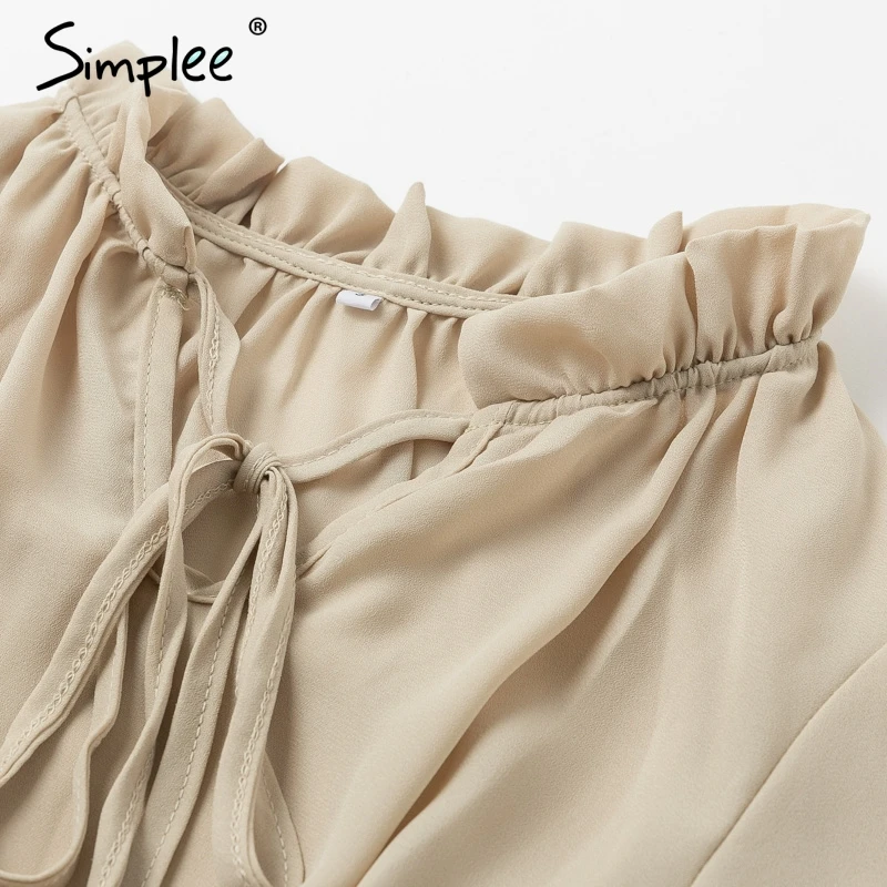 Simplee Lace up ruffled A-line women dress Elastic high waist short vintage dress Bohemian lantern sleeve female party dress