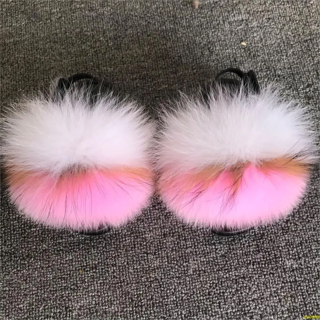 Шлепанцы для девочек меховые сандалии пушистый мех енота натуральный Лисий