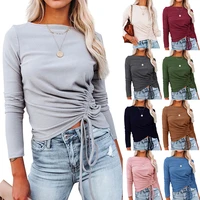 european and american womens 2021 autumn and winter new style drawstring solid color top bottoming sweater sweater