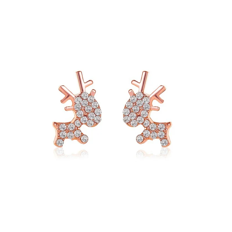 

S925 Sterling Silver Rose Gold Mini Simple Zircon Animal Stud Earring Korean Temperament Cute Elk Ear Studs Christmas Jewelry