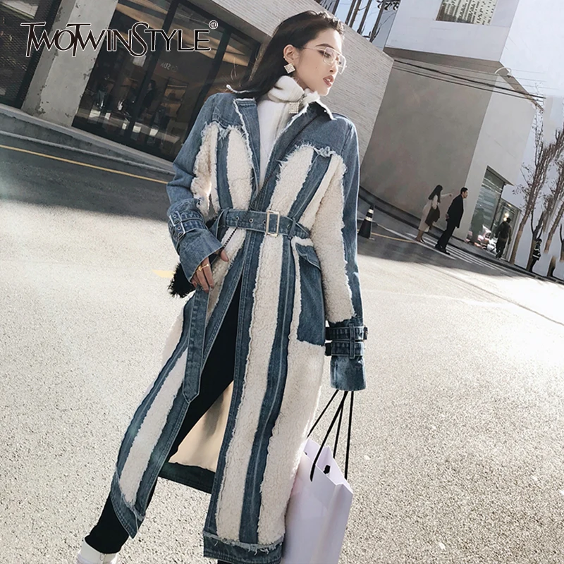 TWOTWINSTYLE хит цветной лоскутный джинсовый Тренч с кисточками для женщин воротник