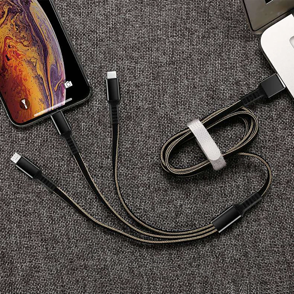 Черный USB кабель для iPhone XS X 8 7 6 Быстрая Зарядка Кабели нейлон 3 в 1 мульти Тип C Micro USB кабель для передачи данных для samsung зарядное устройство Шнур - Цвет: Черный