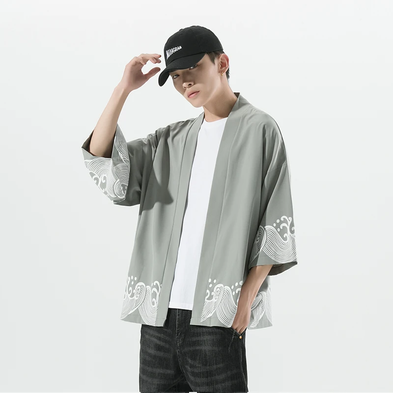 

M-5XL Summer Loose Lightweight 3/4 Sleeve Men Clothing Wave Printed Coat Japanese Kimono Cardigan Kimono Haori For Woman Man